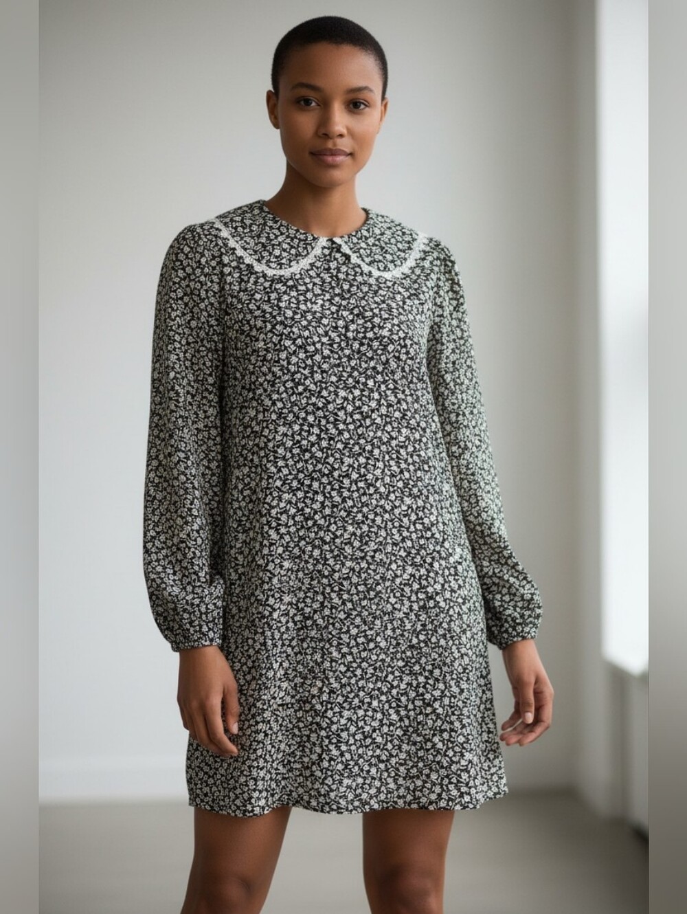 KOKO Black and White Bishop Sleeve Dress with Peter Pan Collar Misses Large